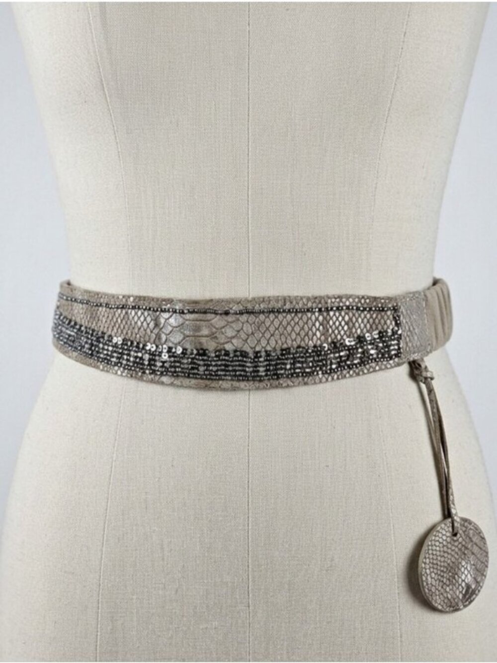 Chicos Rhinestone Accent Tan Snakeskin Pattern Leather Stretch Belt L